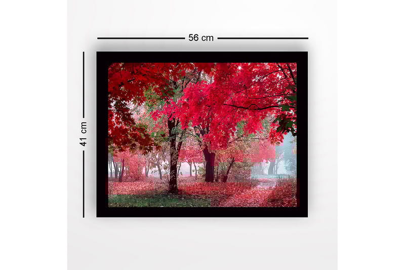 Inramad Canvastavla i trä - 41x56 cm - Lummig skog med sprakande röda höstlöv - Röd / Grön - Inredning & dekor - Tavlor & konst