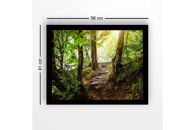 Inramad Canvastavla i trä - 41x56 cm - Lummig skogsstig med solstrålar som sipprar genom träden - Grön / Brun - Inredning & dekor - Tavlor & konst