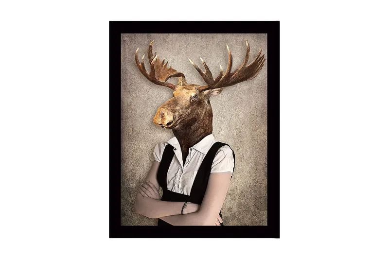 Inramad Canvastavla i trä - 41x56 cm - Människa med älghuvud i formell klädsel, Brun / Vit / Grå