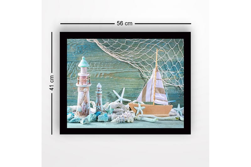 Inramad Canvastavla i trä - 41x56 cm - Maritim scen med segelbåt och fyrar - Turkos / Vit / Beige - Inredning & dekor - Tavlor & konst