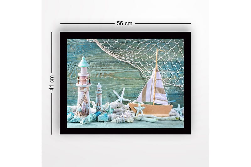 Inramad Canvastavla i trä - 41x56 cm - Maritim scen med segelbåt och fyrar - Turkos / Vit / Beige - Inredning & dekor - Tavlor & konst