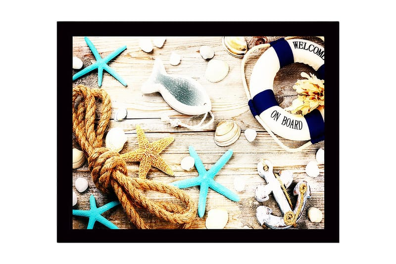 Inramad Canvastavla i trä - 41x56 cm - Maritim stillhet med snäckor, stjärnor och en livboj, Blå / Beige / Orange