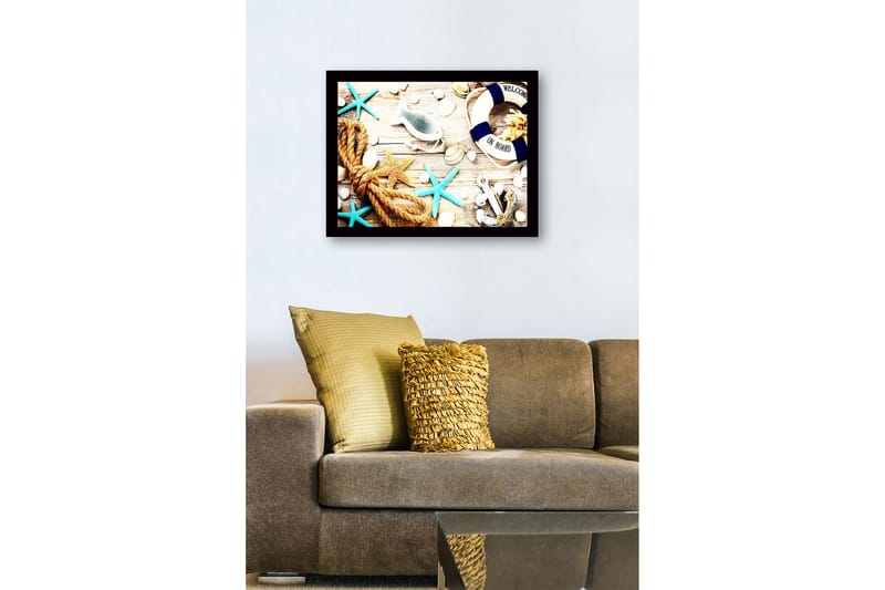 Inramad Canvastavla i trä - 41x56 cm - Maritim stillhet med snäckor, stjärnor och en livboj - Blå / Beige / Orange - Inredning & dekor - Tavlor & konst