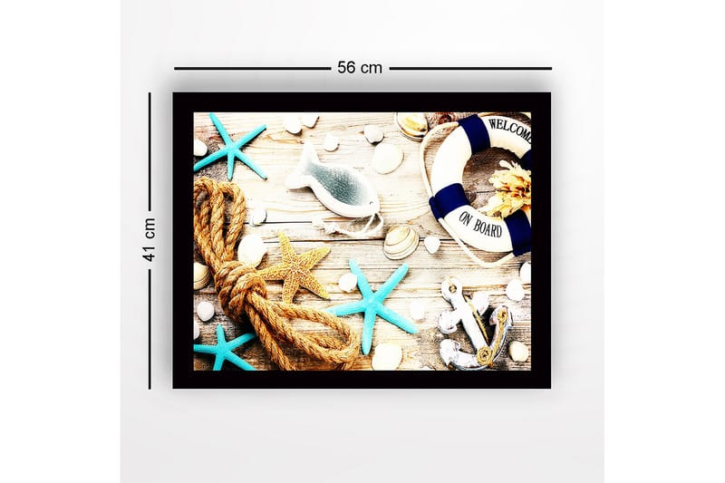 Inramad Canvastavla i trä - 41x56 cm - Maritim stillhet med snäckor, stjärnor och en livboj - Blå / Beige / Orange - Inredning & dekor - Tavlor & konst