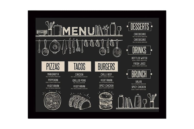Inramad Canvastavla i trä - 41x56 cm - Meny med mat och dryck i skissartad stil, Svart / Beige