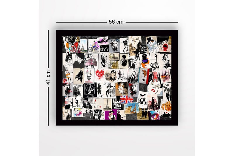 Inramad Canvastavla i trä - 41x56 cm - Modeinspirerade collage med stiliga silhuetter och ikoniska landmärken - Svart / Röd / Beige - Inredning & dekor - Tavlor & konst