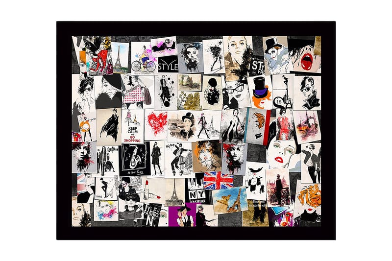 Inramad Canvastavla i trä - 41x56 cm - Modeinspirerade collage med stiliga silhuetter och ikoniska landmärken - Svart / Röd / Beige - Inredning & dekor - Tavlor & konst