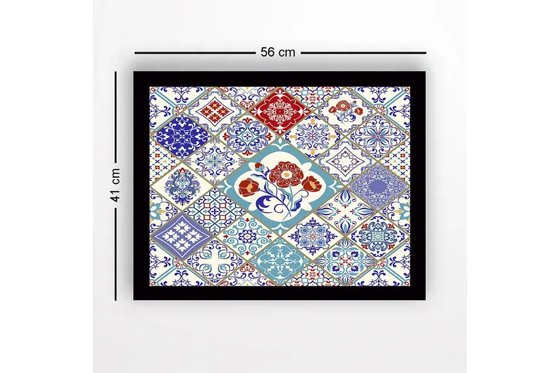 Inramad Canvastavla i trä - 41x56 cm - Mönstrad kakelkomposition med blommotiv och geometriska former - Blå / Röd / Vit - Inredning & dekor - Tavlor & konst