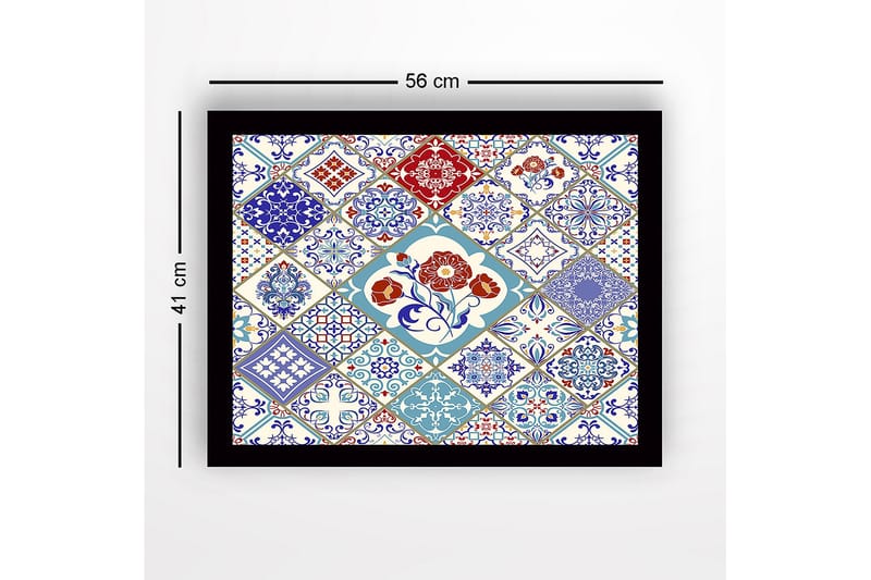 Inramad Canvastavla i trä - 41x56 cm - Mönstrad kakelkomposition med blommotiv och geometriska former - Blå / Röd / Vit - Inredning & dekor - Tavlor & konst