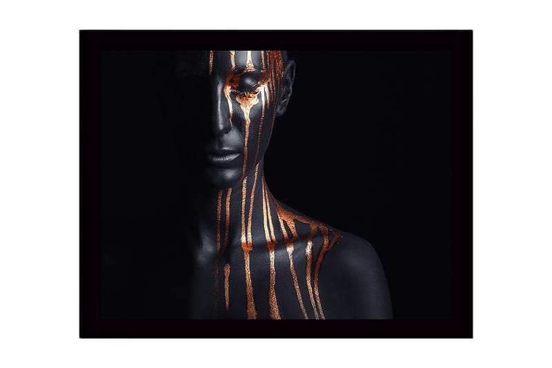 Inramad Canvastavla i trä - 41x56 cm - Mörk figur med guldstrimmor som rinner ner över ansiktet och kroppen, Svart / Guld