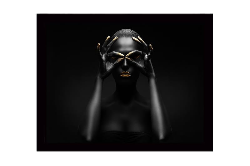 Inramad Canvastavla i trä - 41x56 cm - Mörk silhuett av en kvinna med guldiga detaljer som formar en mask - Svart / Guld - Inredning & dekor - Tavlor & konst