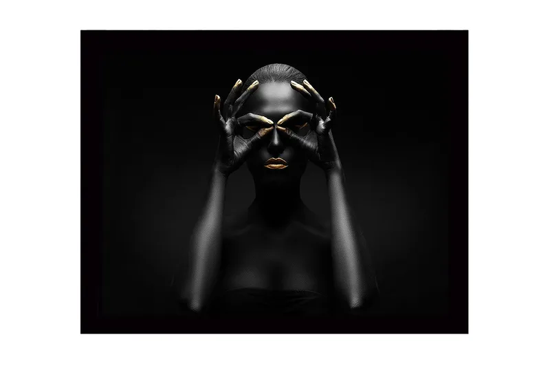 Inramad Canvastavla i trä - 41x56 cm - Mörk silhuett av en kvinna med guldiga detaljer som formar en mask - Svart / Guld - Inredning & dekor - Tavlor & konst