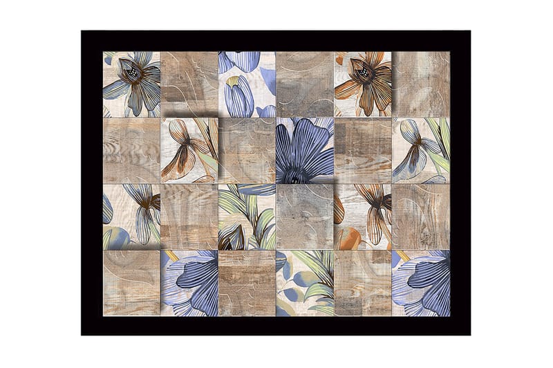 Inramad Canvastavla i trä - 41x56 cm - Mosaik av blommor i olika färger och former, Beige / Blå / Brun