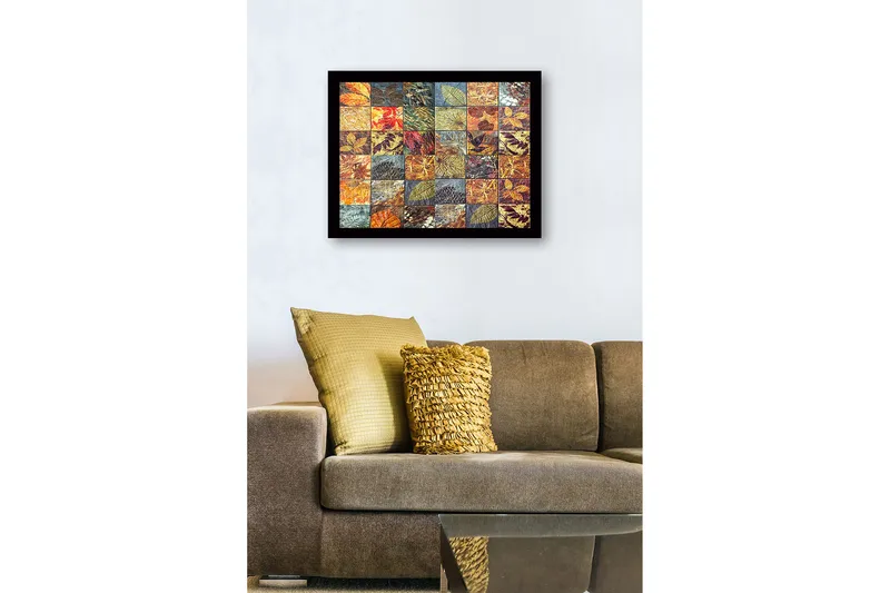 Inramad Canvastavla i trä - 41x56 cm - Mosaik av olika löv i varierande färger och texturer - Guld / Röd / Grön - Inredning & dekor - Tavlor & konst