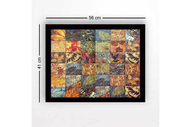 Inramad Canvastavla i trä - 41x56 cm - Mosaik av olika löv i varierande färger och texturer - Guld / Röd / Grön - Inredning & dekor - Tavlor & konst