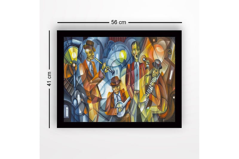 Inramad Canvastavla i trä - 41x56 cm - Musikaliskt framträdande med fyra musiker i färgglada kläder - Mörkblå / Orange / Gul - Inredning & dekor - Tavlor & konst