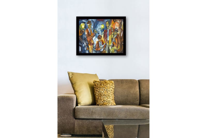 Inramad Canvastavla i trä - 41x56 cm - Musikaliskt framträdande med fyra musiker i färgglada kläder - Mörkblå / Orange / Gul - Inredning & dekor - Tavlor & konst