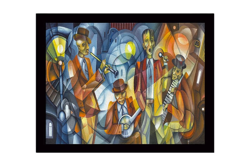 Inramad Canvastavla i trä - 41x56 cm - Musikaliskt framträdande med fyra musiker i färgglada kläder - Mörkblå / Orange / Gul - Inredning & dekor - Tavlor & konst