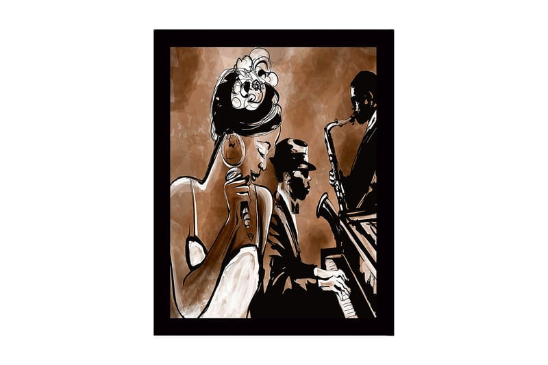 Inramad Canvastavla i trä - 41x56 cm - Musikaliskt framträdande med sångerska och musiker, Mörkbrun / Beige / Svart