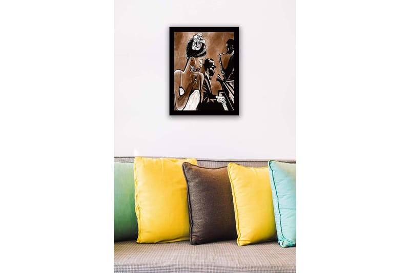 Inramad Canvastavla i trä - 41x56 cm - Musikaliskt framträdande med sångerska och musiker - Mörkbrun / Beige / Svart - Inredning & dekor - Tavlor & konst