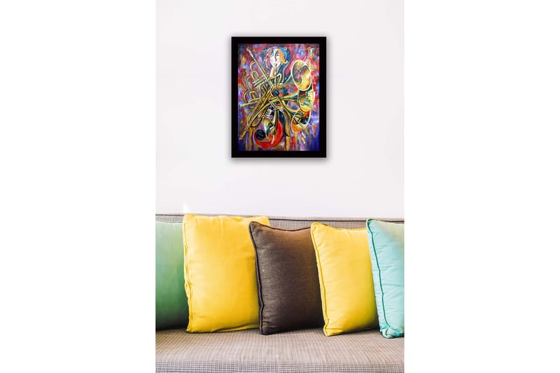 Inramad Canvastavla i trä - 41x56 cm - Musikaliskt uttryck med instrument och abstrakta former - Guld / Röd / Blå - Inredning & dekor - Tavlor & konst