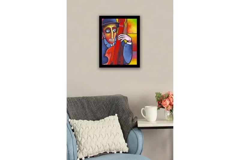 Inramad Canvastavla i trä - 41x56 cm - Musiker med kontrabas i en färgstark komposition - Röd / Blå / Gul - Inredning & dekor - Tavlor & konst