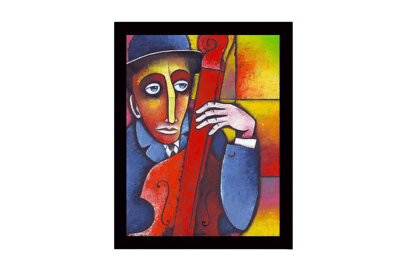 Inramad Canvastavla i trä - 41x56 cm - Musiker med kontrabas i en färgstark komposition, Röd / Blå / Gul