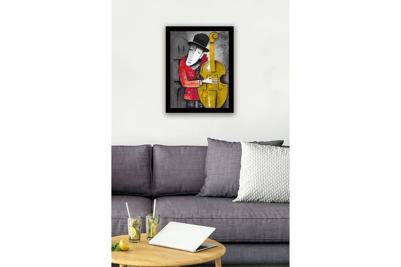 Inramad Canvastavla i trä - 41x56 cm - Musiker som omfamnar en kontrabas - Gul / Röd / Grå - Inredning & dekor - Tavlor & konst