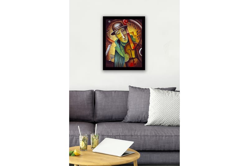 Inramad Canvastavla i trä - 41x56 cm - Musiker som spelar fiol med en drömmande uttryck - Guld / Grön / Brun - Inredning & dekor - Tavlor & konst