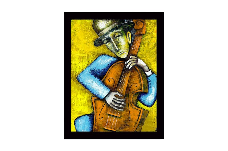 Inramad Canvastavla i trä - 41x56 cm - Musiker som spelar kontrabas med känslosamt uttryck, Gult / Blått / Brunt