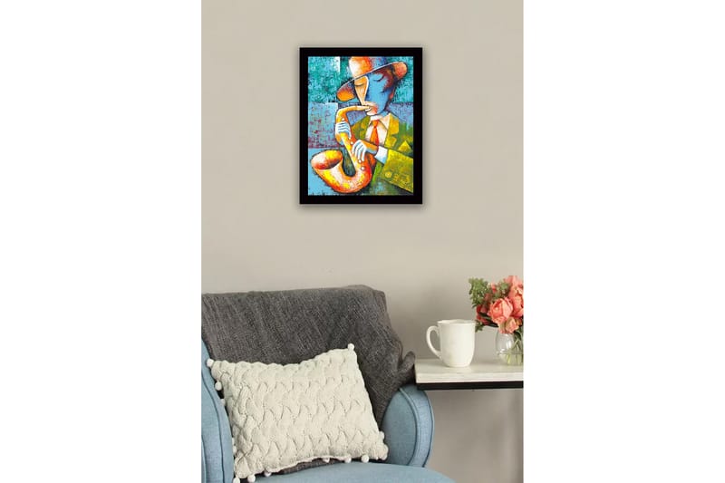 Inramad Canvastavla i trä - 41x56 cm - Musiker som spelar saxofon med en färgglad och uttrycksfull stil - Gul / Grön / Blå - Inredning & dekor - Tavlor & konst
