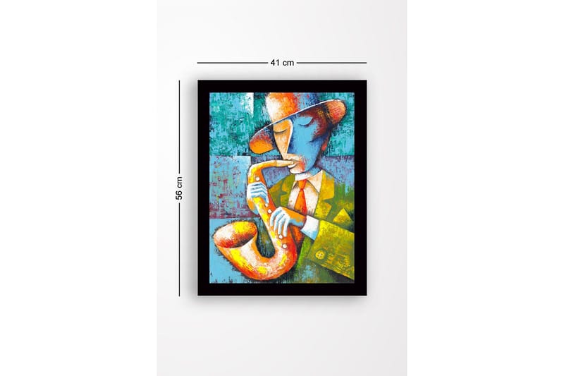Inramad Canvastavla i trä - 41x56 cm - Musiker som spelar saxofon med en färgglad och uttrycksfull stil - Gul / Grön / Blå - Inredning & dekor - Tavlor & konst
