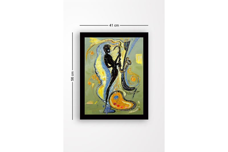 Inramad Canvastavla i trä - 41x56 cm - Musiker som spelar saxofon med färgstarka svängningar runtomkring - Svart / Gult / Blått - Inredning & dekor - Tavlor & konst