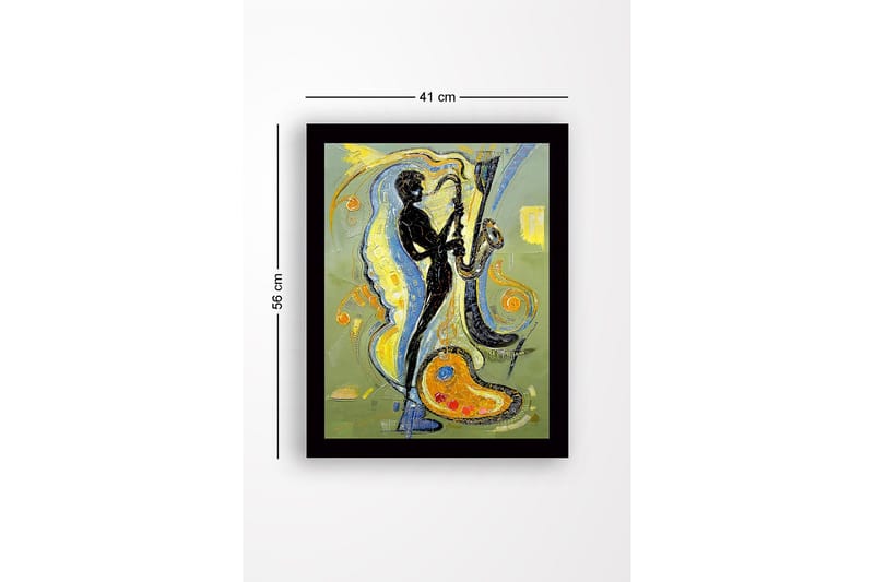 Inramad Canvastavla i trä - 41x56 cm - Musiker som spelar saxofon med färgstarka svängningar runtomkring - Svart / Gult / Blått - Inredning & dekor - Tavlor & konst