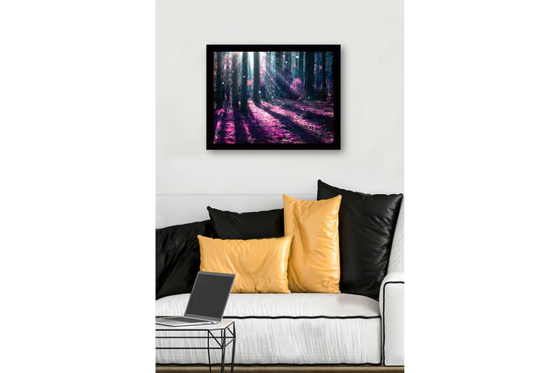 Inramad Canvastavla i trä - 41x56 cm - Mystisk skog med lila och blå ljusstrålar - Lila / Blå - Inredning & dekor - Tavlor & konst