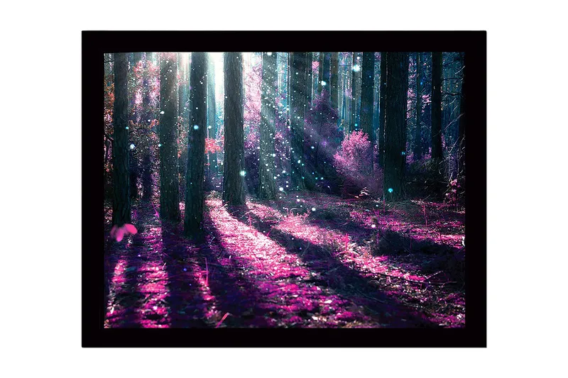 Inramad Canvastavla i trä - 41x56 cm - Mystisk skog med lila och blå ljusstrålar - Lila / Blå - Inredning & dekor - Tavlor & konst