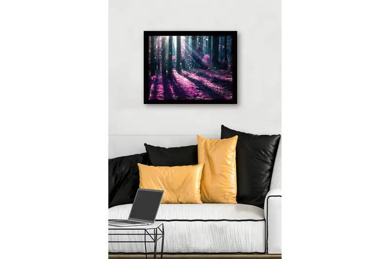 Inramad Canvastavla i trä - 41x56 cm - Mystisk skog med lila och blå ljusstrålar - Lila / Blå - Inredning & dekor - Tavlor & konst