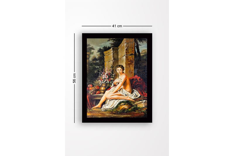 Inramad Canvastavla i trä - 41x56 cm - Naken kvinna sittande med blommor och frukter i en naturskön miljö - Hudton / Grön / Röd - Inredning & dekor - Tavlor & konst