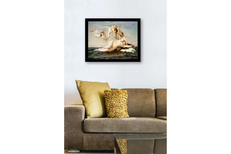 Inramad Canvastavla i trä - 41x56 cm - Naken kvinna som vilar på havets vågor omgiven av änglar - Hudton / Himmelsblå / Havsgrön - Inredning & dekor - Tavlor & konst