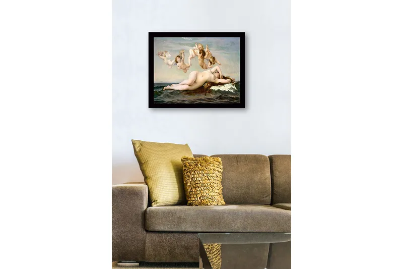 Inramad Canvastavla i trä - 41x56 cm - Naken kvinna som vilar på havets vågor omgiven av änglar - Hudton / Himmelsblå / Havsgrön - Inredning & dekor - Tavlor & konst