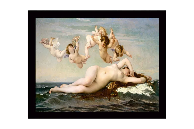 Inramad Canvastavla i trä - 41x56 cm - Naken kvinna som vilar på havets vågor omgiven av änglar, Hudton / Himmelsblå / Havsgrön