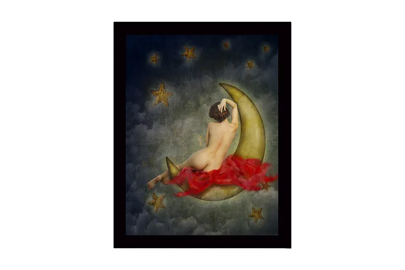 Inramad Canvastavla i trä - 41x56 cm - Naken kvinna som vilar på en halvmåne omgiven av stjärnor, Guld / Röd / Grå