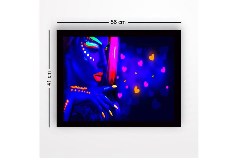 Inramad Canvastavla i trä - 41x56 cm - Neonfärgad porträtt av en kvinna med starka ansiktsmålningar - Blå / Neonorange / Rosa - Inredning & dekor - Tavlor & konst