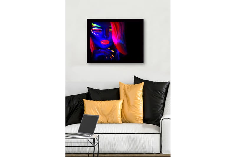 Inramad Canvastavla i trä - 41x56 cm - Neonfärgad porträtt av en kvinna med dramatisk makeup - Blå / Rosa / Orange - Inredning & dekor - Tavlor & konst