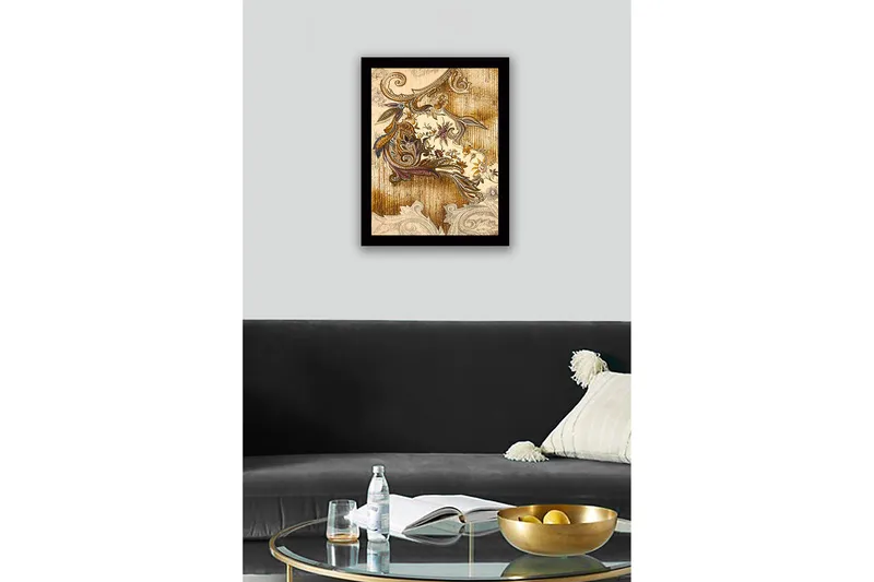 Inramad Canvastavla i trä - 41x56 cm - Ornamental mönster med blommor och bladverk - Guld / Brunt / Lila - Inredning & dekor - Tavlor & konst