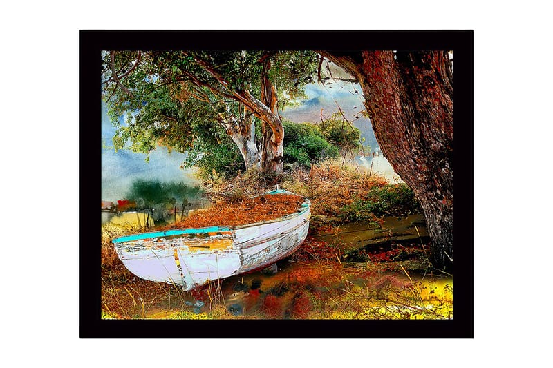 Inramad Canvastavla i trä - 41x56 cm - Övergiven båt omgiven av grönska och stilla vatten - Grön / Brun / Vit - Inredning & dekor - Tavlor & konst