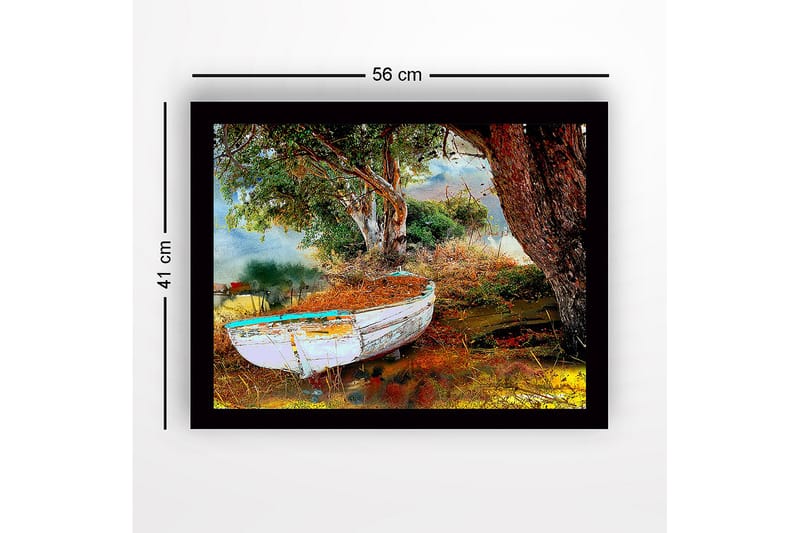 Inramad Canvastavla i trä - 41x56 cm - Övergiven båt omgiven av grönska och stilla vatten - Grön / Brun / Vit - Inredning & dekor - Tavlor & konst