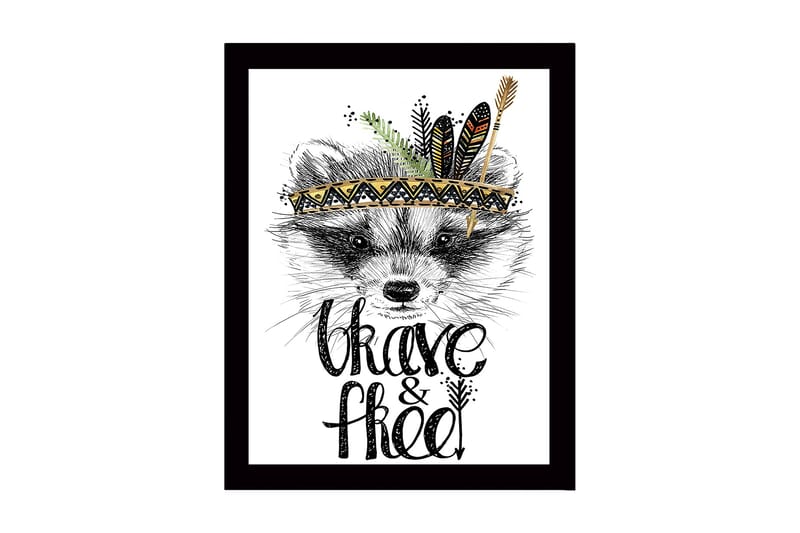 Inramad Canvastavla i trä - 41x56 cm - Räv med fjädrar och en dekorativ huvudbonad, Svart / Guld / Vit