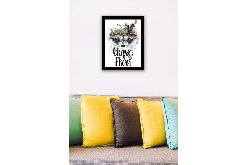 Inramad Canvastavla i trä - 41x56 cm - Räv med fjädrar och en dekorativ huvudbonad - Svart / Guld / Vit - Inredning & dekor - Tavlor & konst