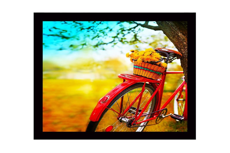 Inramad Canvastavla i trä - 41x56 cm - Röd cykel med en korg fylld av blommor - Röd / Gul / Grön - Inredning & dekor - Tavlor & konst